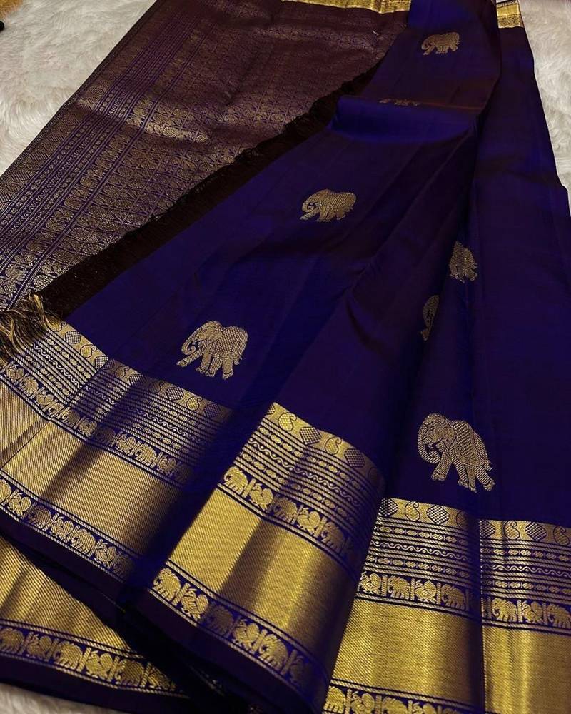 Blue silk blend jacuard work festival saree with unstitched blouse piece