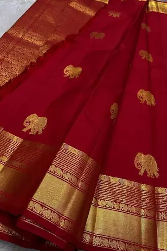 Red silk blend jacuard work festival saree with unstitched blouse piece
