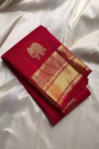 Red silk blend jacuard work festival saree with unstitched blouse piece