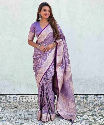 Lavender silk blend jacuard work festival saree with unstitched blouse piece 1