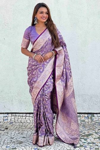 Lavender silk blend jacuard work festival saree with unstitched blouse piece