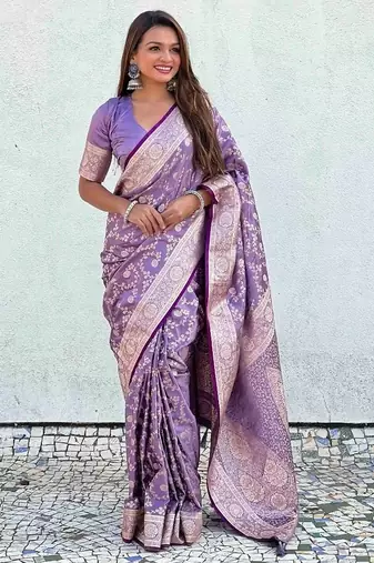 Lavender silk blend jacuard work festival saree with unstitched blouse piece