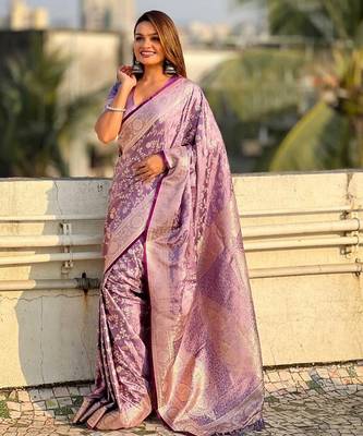 Lavender silk blend jacuard work festival saree with unstitched blouse piece 2