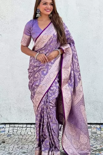 Lavender silk blend jacuard work festival saree with unstitched blouse piece