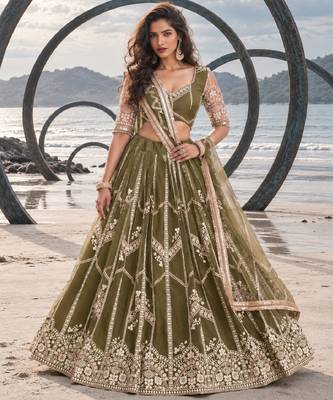 MEHENDI GREEN NET THREAD WITH ZARI AND SEQUIN WORK FESTIVE LEHENGA CHOLI 1