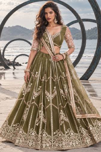 MEHENDI GREEN NET THREAD WITH ZARI AND SEQUIN WORK FESTIVE LEHENGA CHOLI