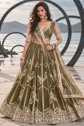 MEHENDI GREEN NET THREAD WITH ZARI AND SEQUIN WORK FESTIVE LEHENGA CHOLI