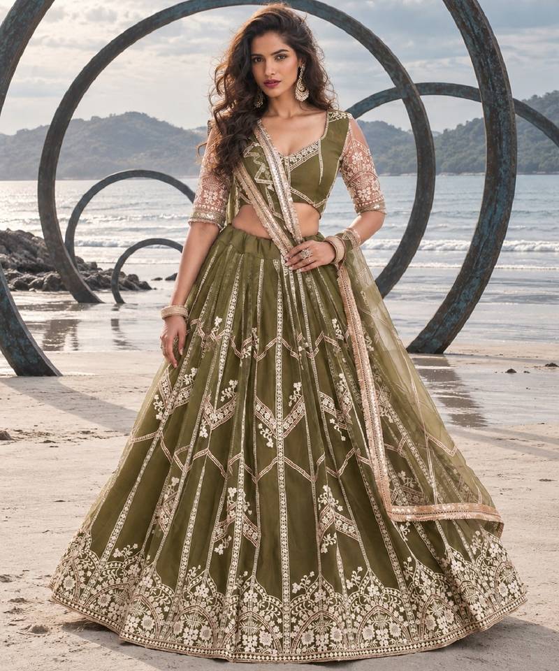 MEHENDI GREEN NET THREAD WITH ZARI AND SEQUIN WORK FESTIVE LEHENGA CHOLI
