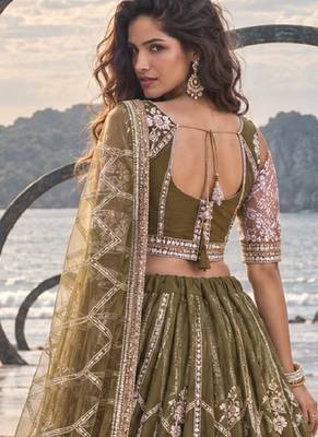 MEHENDI GREEN NET THREAD WITH ZARI AND SEQUIN WORK FESTIVE LEHENGA CHOLI 2