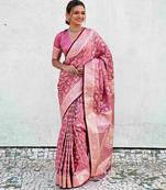 Peach silk blend jacuard work festival saree with unstitched blouse piece