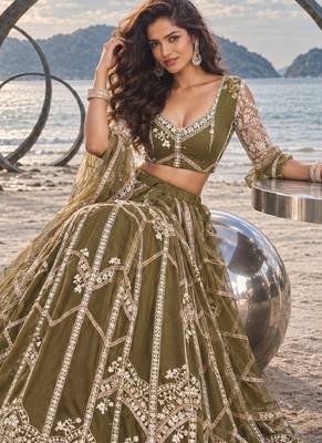MEHENDI GREEN NET THREAD WITH ZARI AND SEQUIN WORK FESTIVE LEHENGA CHOLI 3