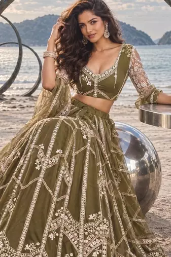 MEHENDI GREEN NET THREAD WITH ZARI AND SEQUIN WORK FESTIVE LEHENGA CHOLI