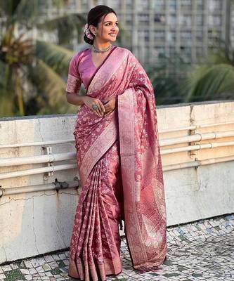 Peach silk blend jacuard work festival saree with unstitched blouse piece 2