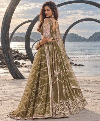 MEHENDI GREEN NET THREAD WITH ZARI AND SEQUIN WORK FESTIVE LEHENGA CHOLI 4
