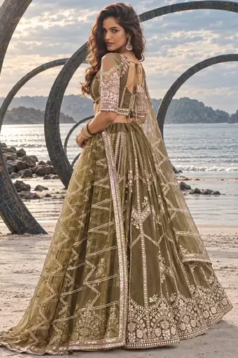 MEHENDI GREEN NET THREAD WITH ZARI AND SEQUIN WORK FESTIVE LEHENGA CHOLI