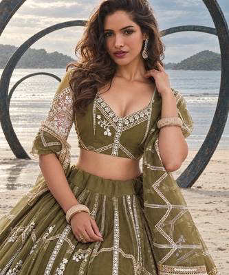 MEHENDI GREEN NET THREAD WITH ZARI AND SEQUIN WORK FESTIVE LEHENGA CHOLI 5
