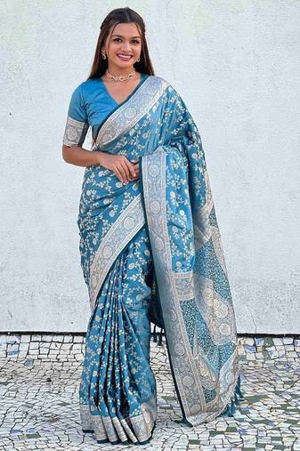 Sky blue silk blend jacuard work festival saree with unstitched blouse piece