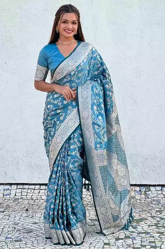 Sky blue silk blend jacuard work festival saree with unstitched blouse piece