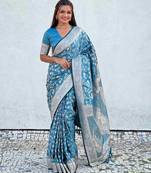 Sky blue silk blend jacuard work festival saree with unstitched blouse piece