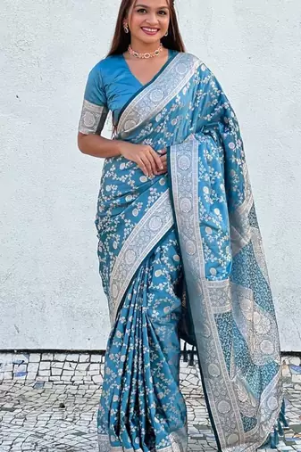 Sky blue silk blend jacuard work festival saree with unstitched blouse piece