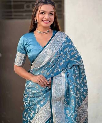 Sky blue silk blend jacuard work festival saree with unstitched blouse piece 3