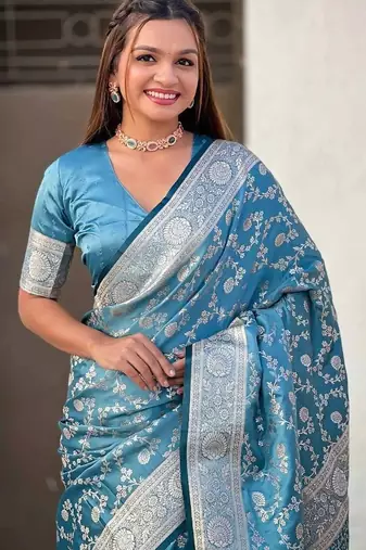 Sky blue silk blend jacuard work festival saree with unstitched blouse piece