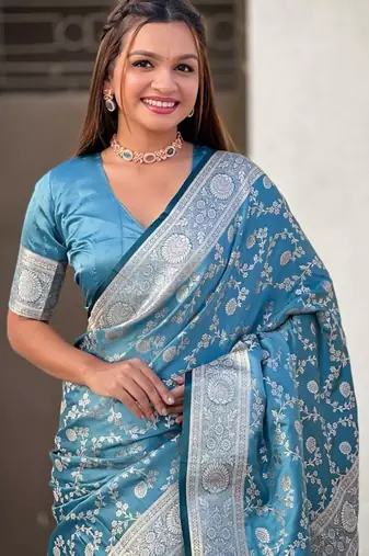 Sky blue silk blend jacuard work festival saree with unstitched blouse piece