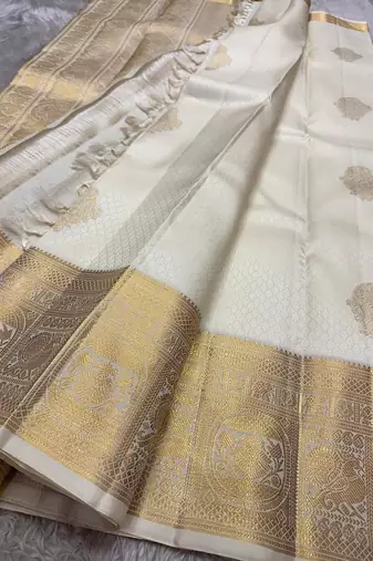 White silk blend jacuard work festival saree with unstitched blouse piece