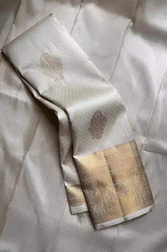 White silk blend jacuard work festival saree with unstitched blouse piece