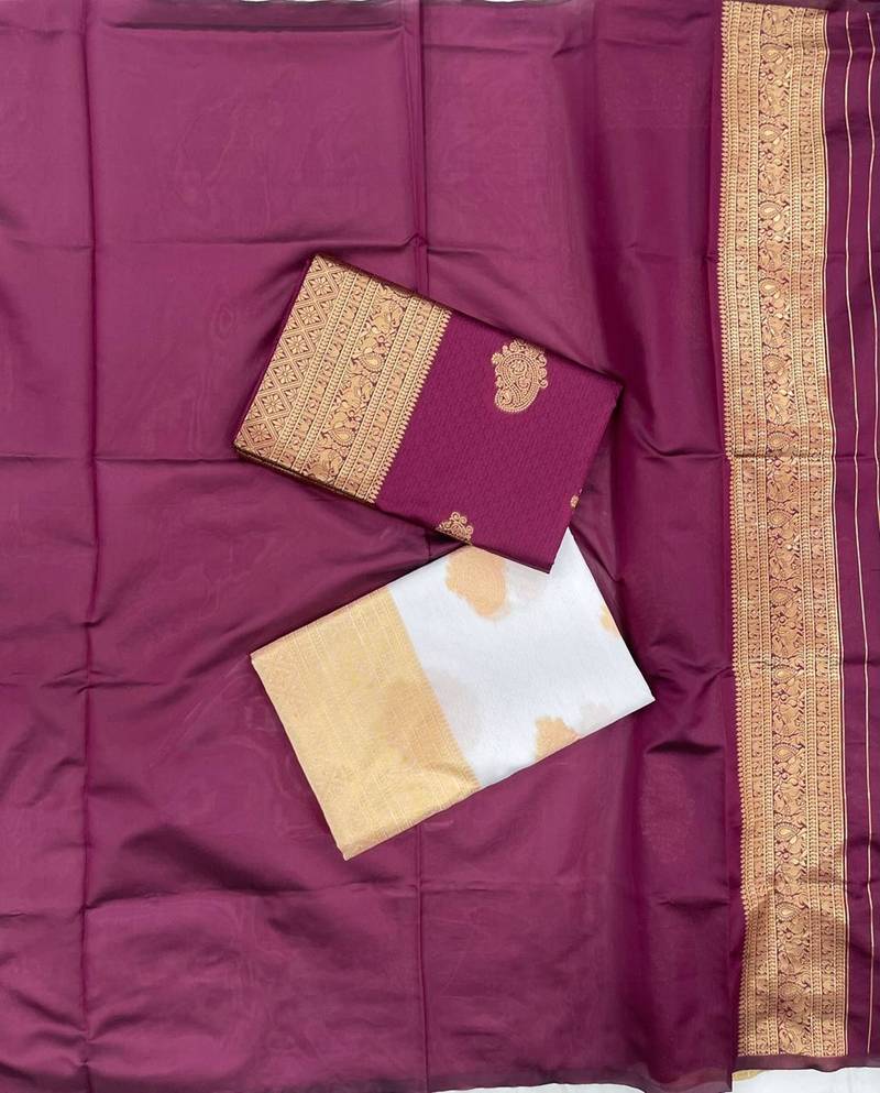 White silk blend jacuard work festival saree with unstitched blouse piece