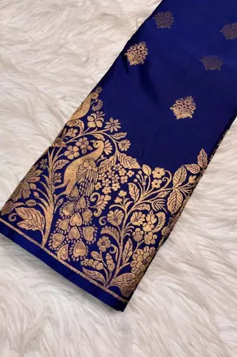 Blue silk blend jacuard work festival saree with unstitched blouse piece