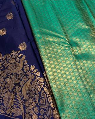 Blue silk blend jacuard work festival saree with unstitched blouse piece 2