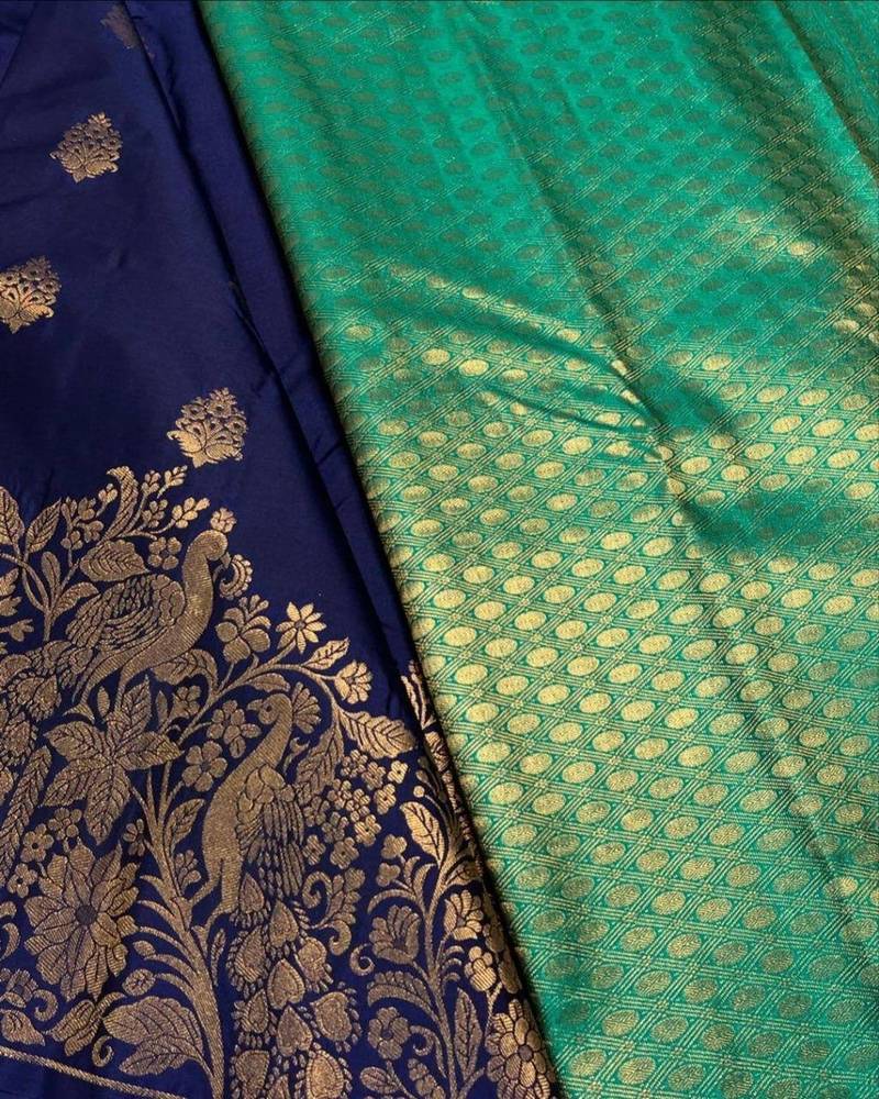 Blue silk blend jacuard work festival saree with unstitched blouse piece