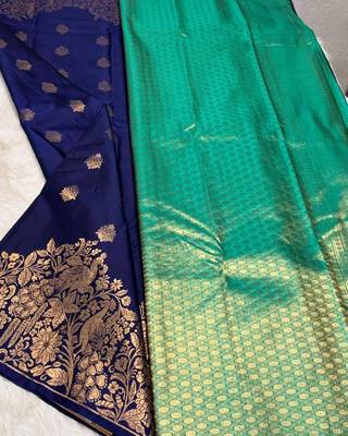 Blue silk blend jacuard work festival saree with unstitched blouse piece 3