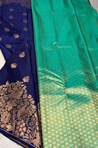 Blue silk blend jacuard work festival saree with unstitched blouse piece