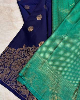 Blue silk blend jacuard work festival saree with unstitched blouse piece 4