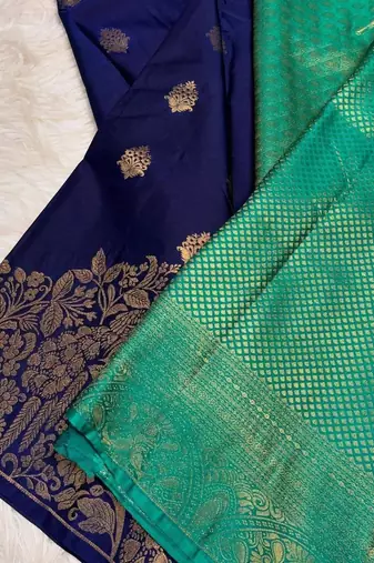 Blue silk blend jacuard work festival saree with unstitched blouse piece
