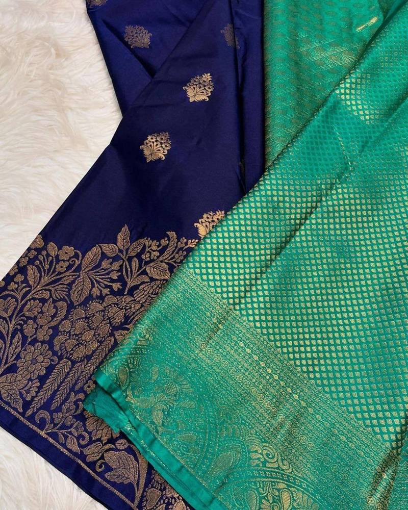 Blue silk blend jacuard work festival saree with unstitched blouse piece