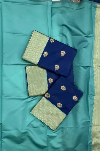 Blue silk blend jacuard work festival saree with unstitched blouse piece