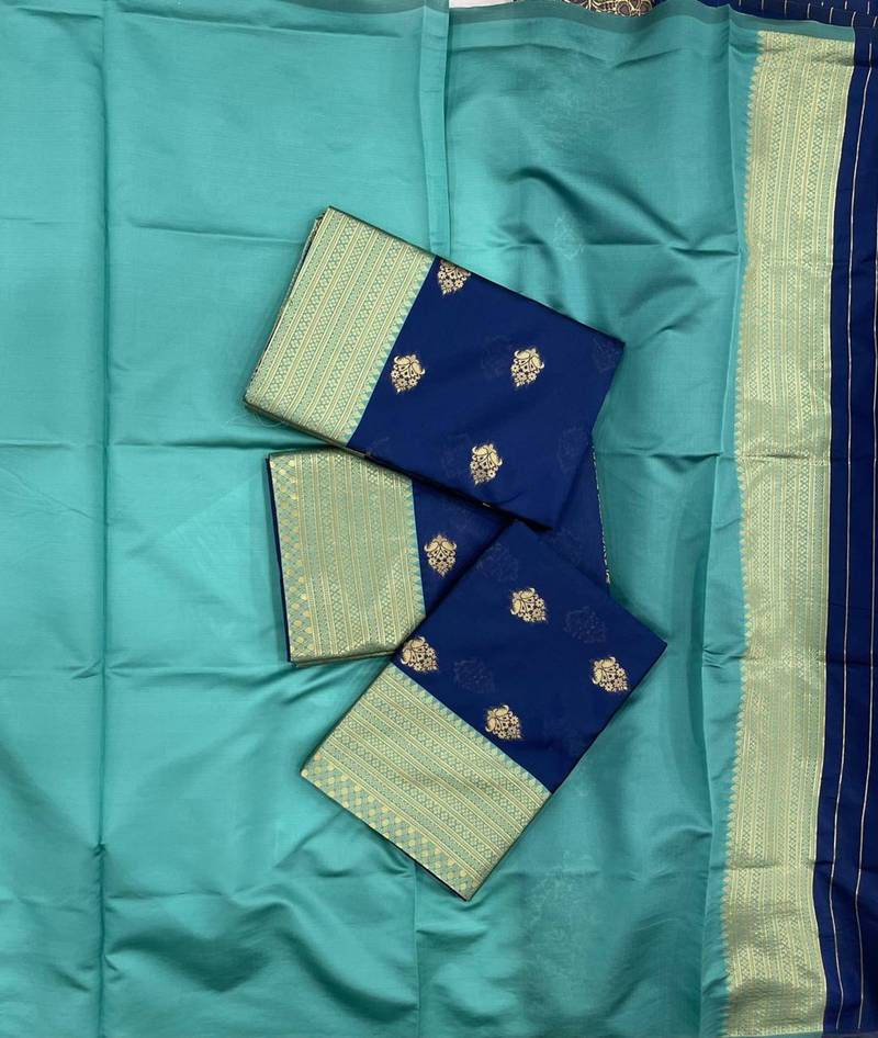 Blue silk blend jacuard work festival saree with unstitched blouse piece
