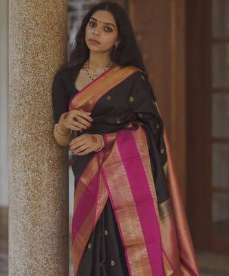 Black silk blend jacuard work festival saree with unstitched blouse piece 1