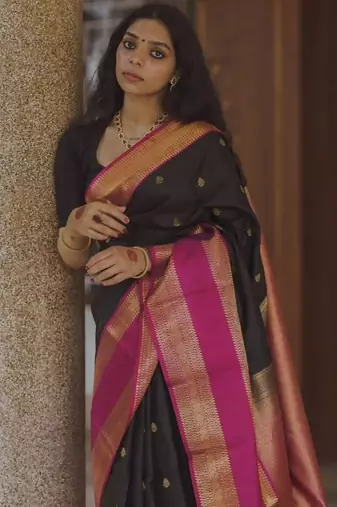 Black silk blend jacuard work festival saree with unstitched blouse piece
