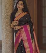 Black silk blend jacuard work festival saree with unstitched blouse piece