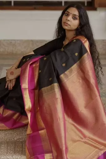 Black silk blend jacuard work festival saree with unstitched blouse piece