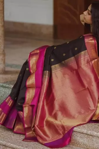 Black silk blend jacuard work festival saree with unstitched blouse piece