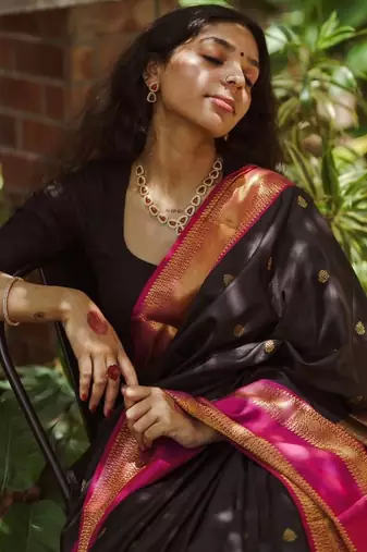 Black silk blend jacuard work festival saree with unstitched blouse piece