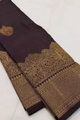 Brown silk blend jacuard work festival saree with unstitched blouse piece