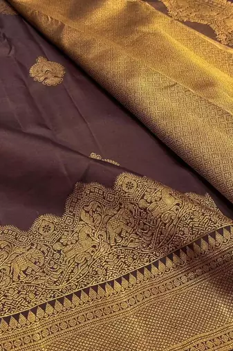 Brown silk blend jacuard work festival saree with unstitched blouse piece