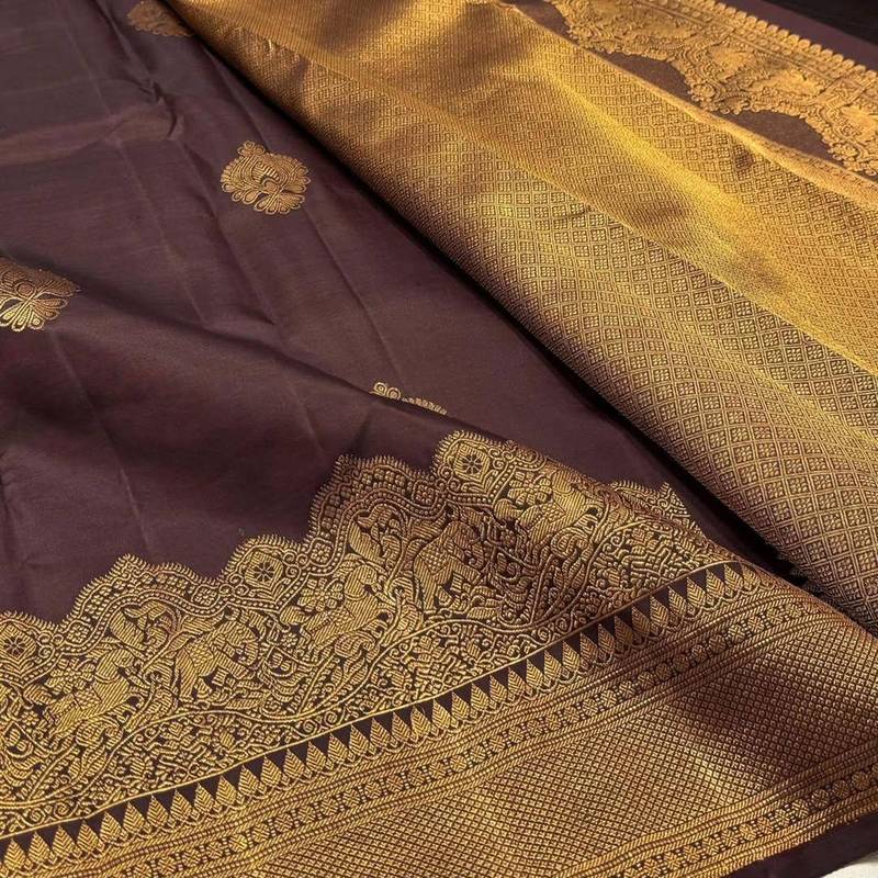 Brown silk blend jacuard work festival saree with unstitched blouse piece