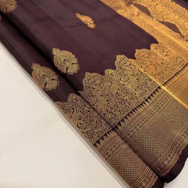 Brown silk blend jacuard work festival saree with unstitched blouse piece